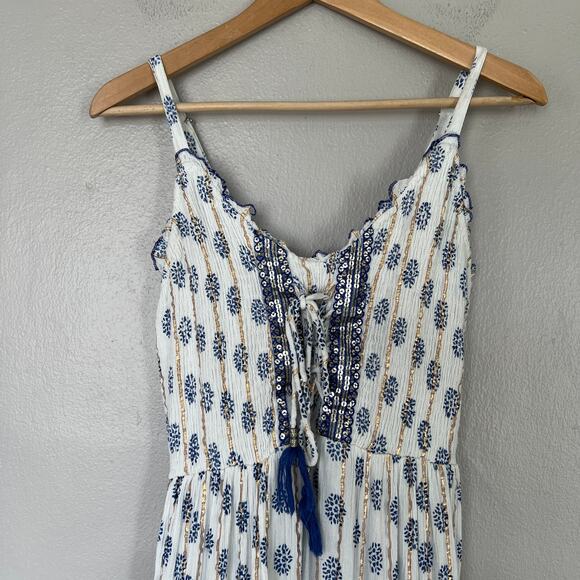 Anthropologie Dress Me 2 Magic Women's Maxi White Blue Gold Size S Paisley Boho - Picture 3 of 11